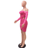 Hot Pink Off Shoulder V Neck Cutout Ruched Slinky Mini Dress