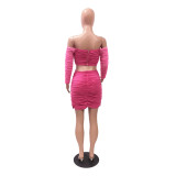 Hot Pink Off Shoulder V Neck Cutout Ruched Slinky Mini Dress