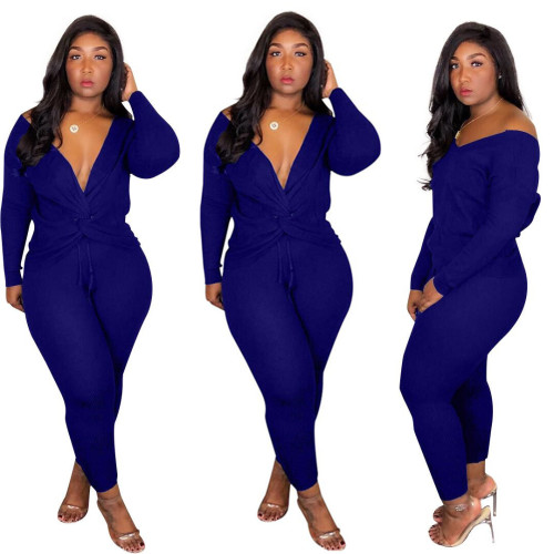 Blue Two Way Twist Ribbed Top and Pants Set