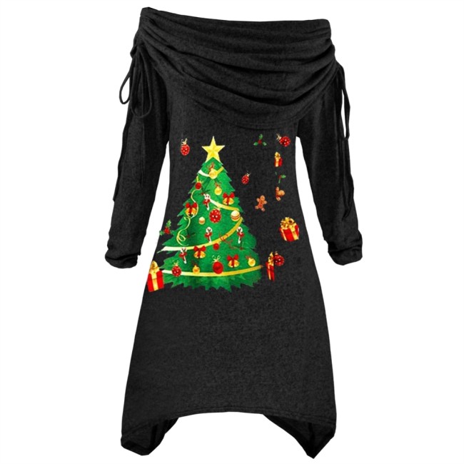 Christmas Tree Print Black Foldover Collar Irregular Top