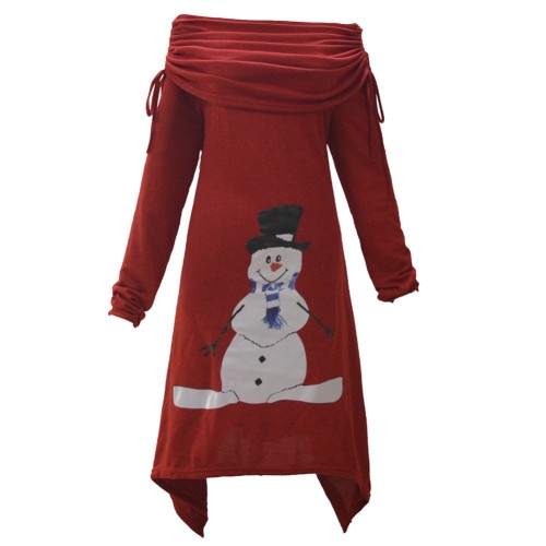 Christmas Snowman Print Red Foldover Collar Irregular Top