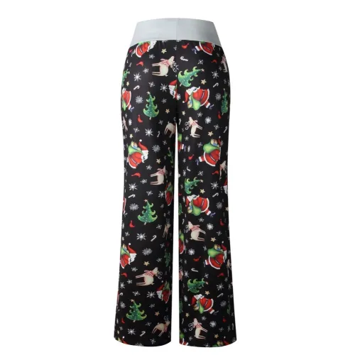 Christmas Print Drawstring Wide Leg High Waist Pants
