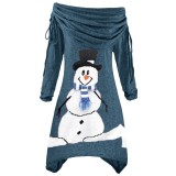 Christmas Snowman Print Lake Blue Ruched Irregular Top