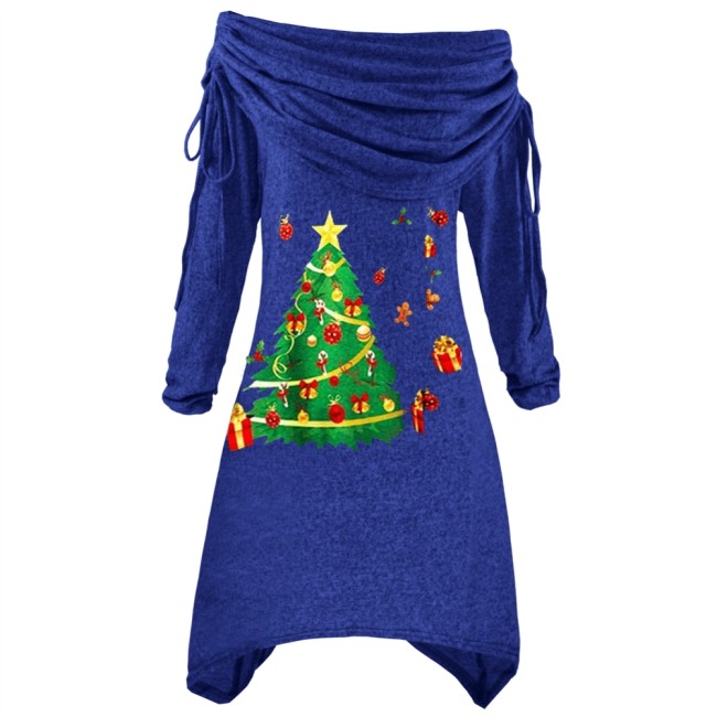 Christmas Tree Print Blue Foldover Collar Irregular Top