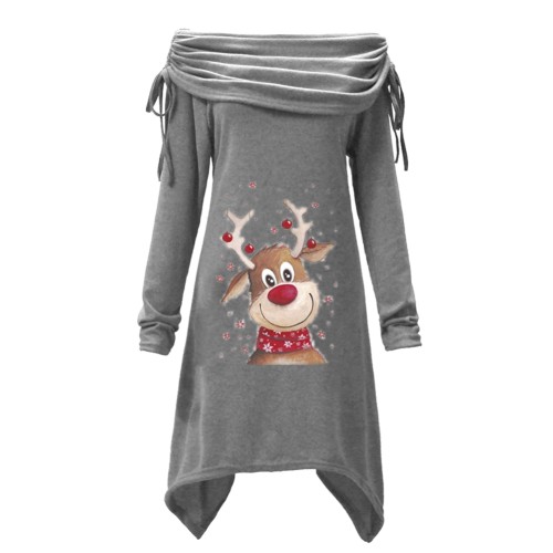 Christmas Deer Print Gray Ruched Irregular Top