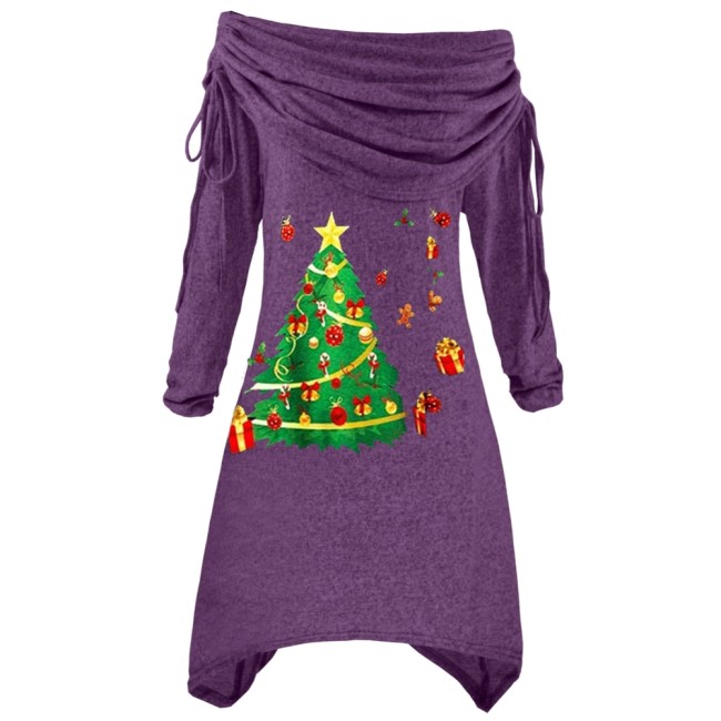 Christmas Tree Print Purple Ruched Collar Irregular Top