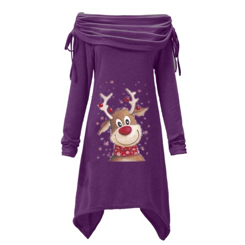 Christmas Deer Print Purple Ruched Irregular Top