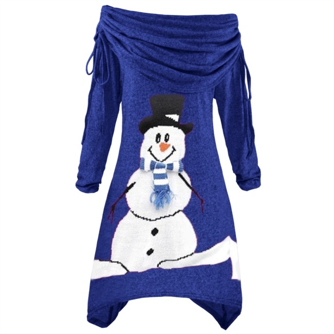 Christmas Snowman Print Royal Blue Ruched Irregular Top
