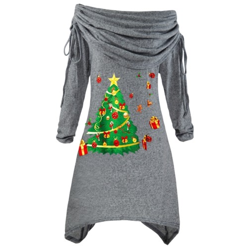 Christmas Tree Print Gray Foldover Collar Irregular Top