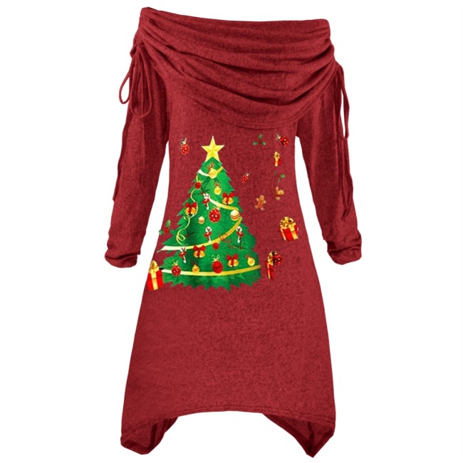 Christmas Tree Print Red Ruched Collar Irregular Top