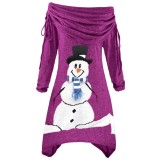 Christmas Snowman Print Purple Ruched Collar Irregular Top