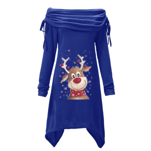 Christmas Deer Print Blue Ruched Irregular Top