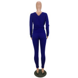 Blue Two Way Twist Ribbed Top and Pants Set