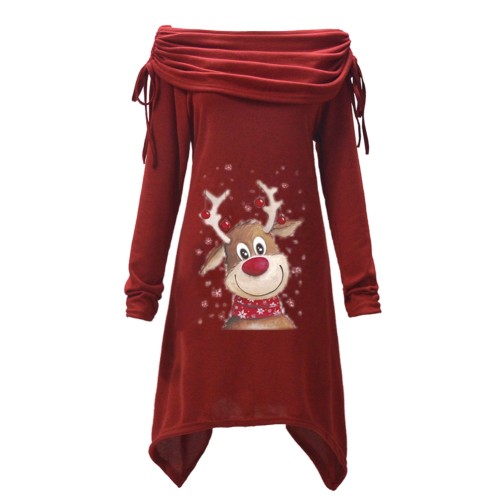 Christmas Deer Print Red Ruched Irregular Top