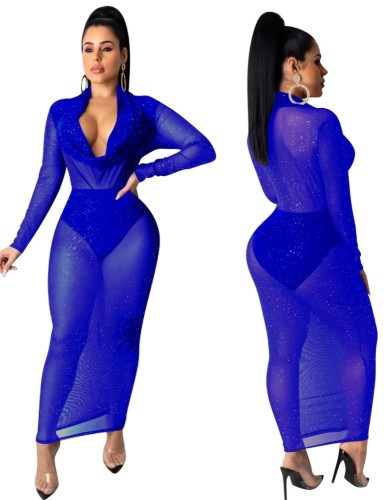 Cowl Neck See Through Blue Sheer Sequin Maxi Dress