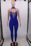 Halter Deep-V Rhinestone Tassel Blue Bodycon Jumpsuit