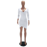 White Solid Color Ruched Bodycon Wrap Mini Dress 