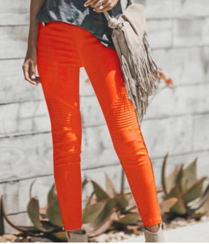 Shirred Detail Elastic Waistband Orange Jeans