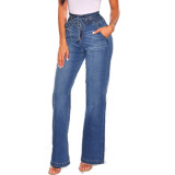 Blue High Waist Straight Leg Jeans with Belt