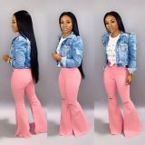 Pink Ripped Flare Leg Jeans