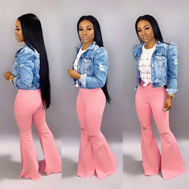 Pink Ripped Flare Leg Jeans