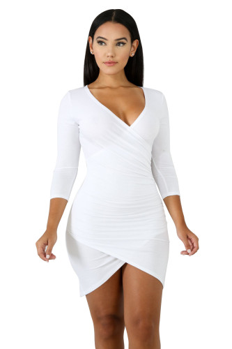 White Solid Color Ruched Bodycon Wrap Mini Dress 