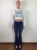 Embriodered Butterfly High Waist Flare Jeans
