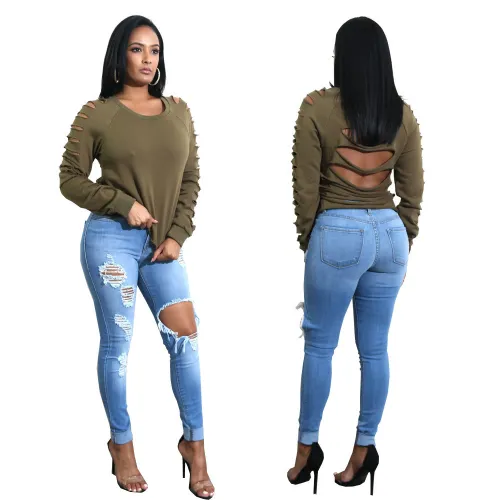 Blue Tight Hole Ripped Jeans