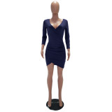 Navy Solid Color Ruched Bodycon Wrap Mini Dress 