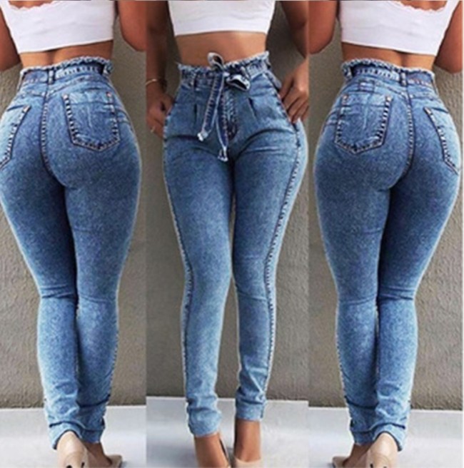 High Waist Tight Light Blue Jeans with Belt