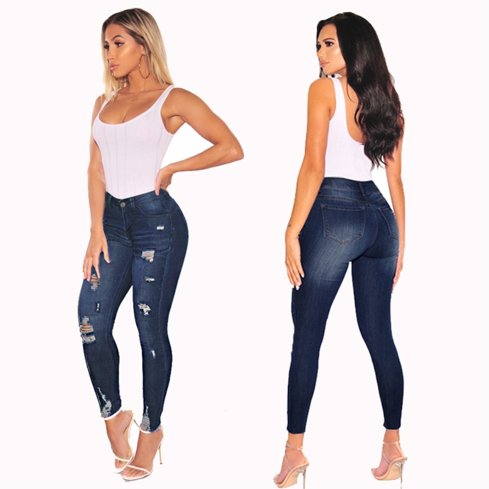 Dark Blue Fitted Hole Ripped Jeans US$ 8.99 - www.lover-pretty.com