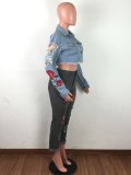 Retro Gray Ripped Jeans with Embroidered Applique