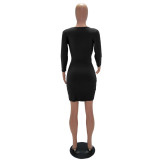 Black Solid Color Ruched Bodycon Wrap Mini Dress 