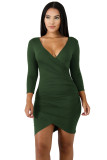 Green Solid Color Ruched Bodycon Wrap Mini Dress 