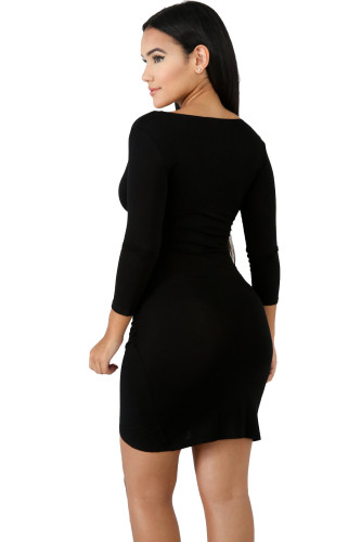 Black Solid Color Ruched Bodycon Wrap Mini Dress 