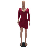 Burgundy Solid Color Ruched Bodycon Wrap Mini Dress 