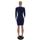 Navy Solid Color Ruched Bodycon Wrap Mini Dress 
