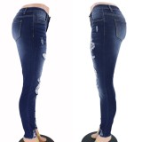 Dark Blue Fitted Hole Ripped Jeans