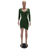 Green Solid Color Ruched Bodycon Wrap Mini Dress 