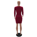 Burgundy Solid Color Ruched Bodycon Wrap Mini Dress 