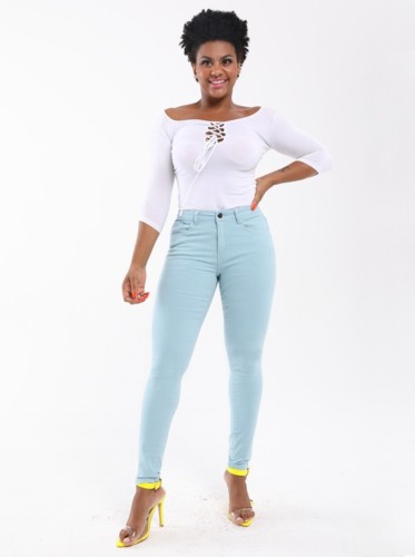 Light Blue Solid Color Tight Jeans