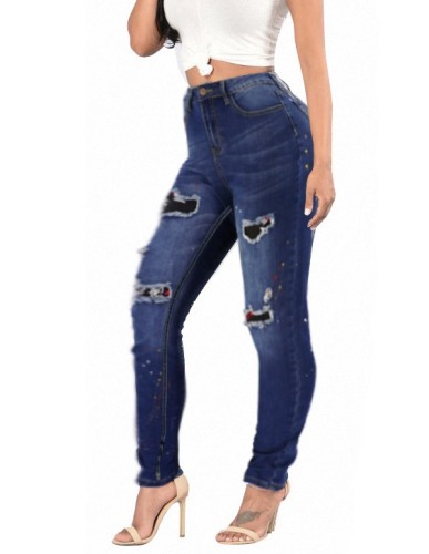 Fashion Patches High Waist Fitted Blue Jeans