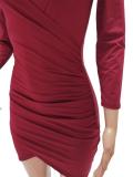 Burgundy Solid Color Ruched Bodycon Wrap Mini Dress 