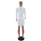 White Solid Color Ruched Bodycon Wrap Mini Dress 