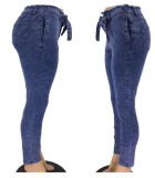 High Waist Tight Dark Blue Denim Pants with Belt