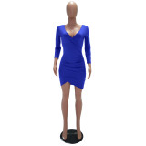 Blue Solid Color Ruched Bodycon Wrap Mini Dress 