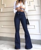 High Waist Dark Blue Flare Leg Jeans