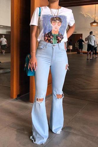 High Waist Ripped Holes Light Blue Flare Jeans