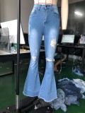 High Waist Ripped Holes Blue Flare Jeans