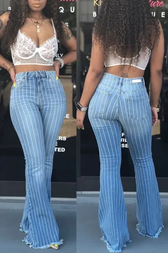 Raw Hem Blue & White Striped Flare Jeans